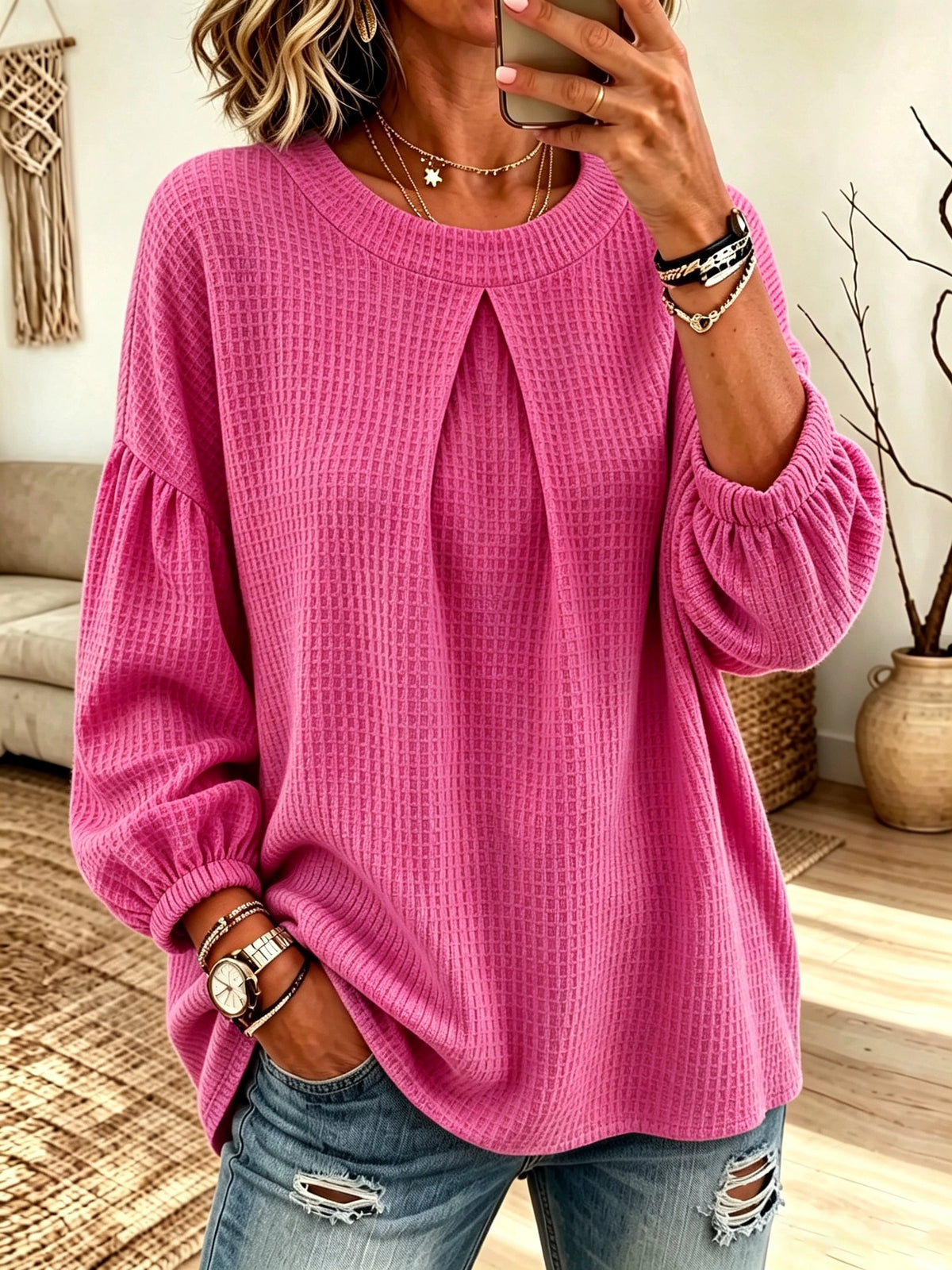 Women's Pleated Waffle Knit Pullover Blouse