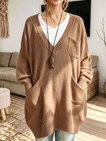 Women Oversized V‑Neck Multi‑Pocket Loose Long Knit Sweater