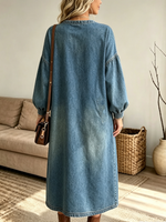Women's Balloon Sleeve Henley Denim Midi Dress