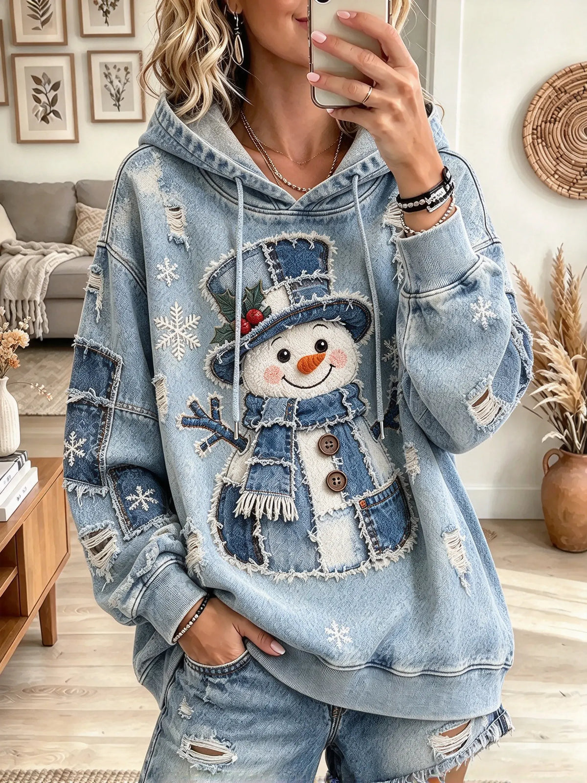 Women's Snowman Patchwork Print Hoodie