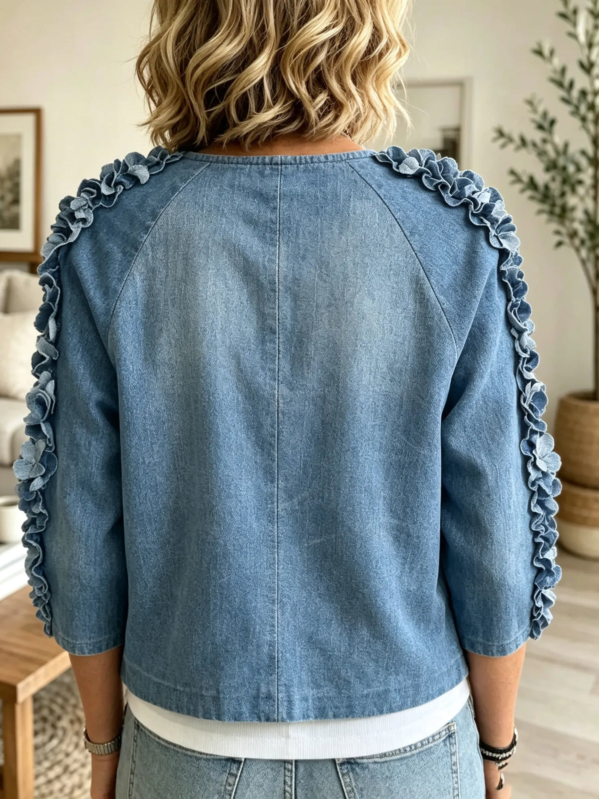 Women's Ruffle Detail Denim Zip Jacket