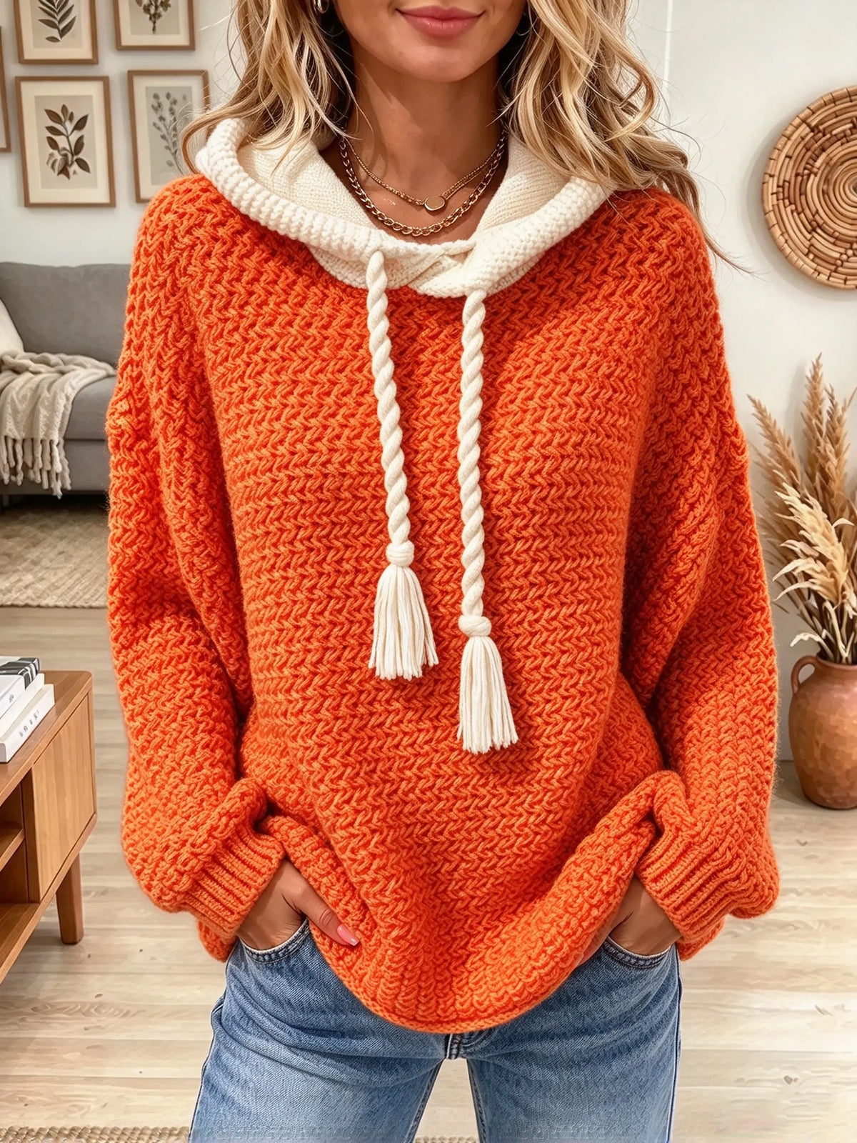 Women's Two-Tone Tassel Drawstring Knit Hoodie
