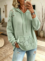 Women Floral Hollow‑Out Mesh Hooded Knit Sweatshirt