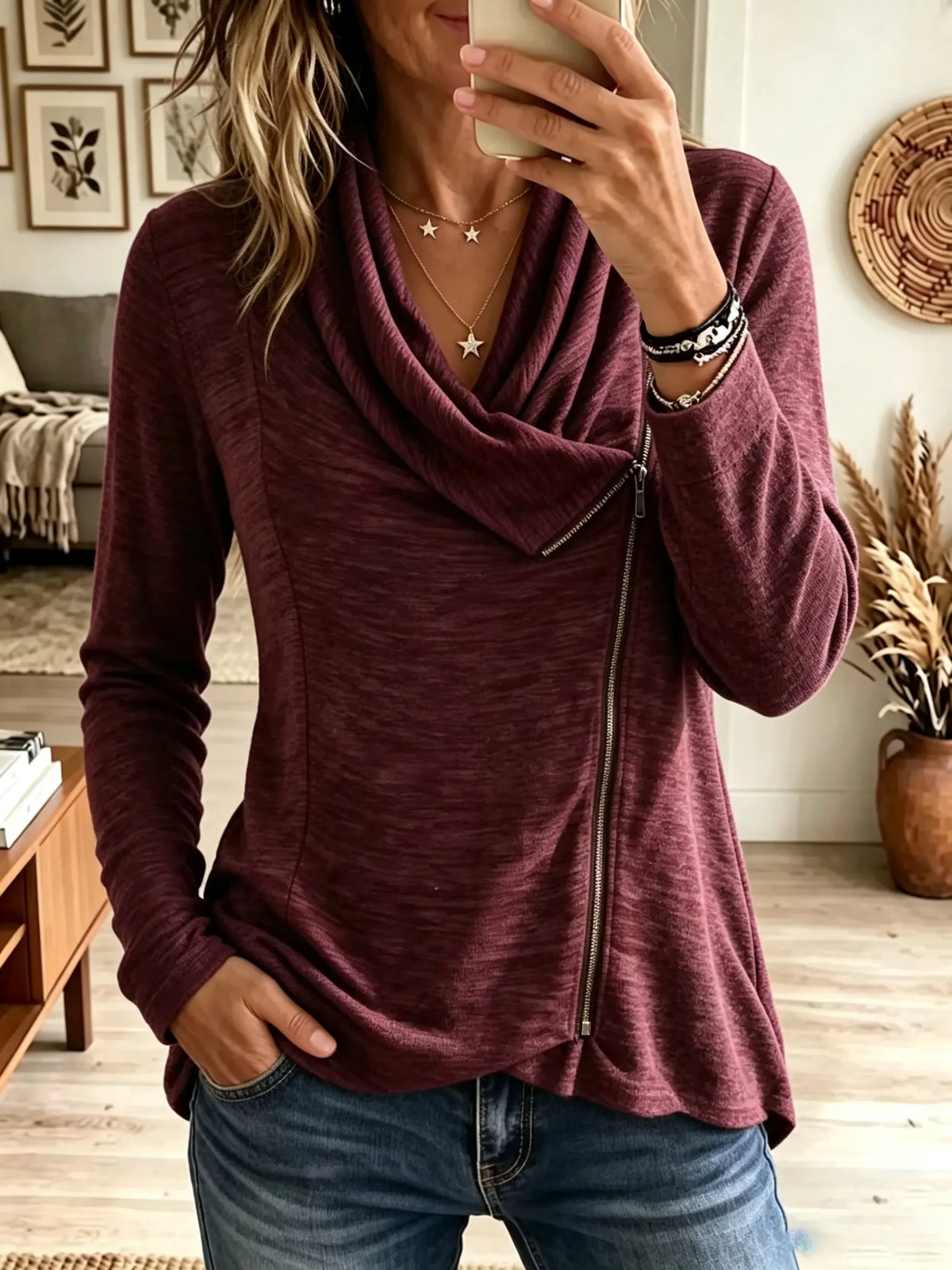 Women's Asymmetrical Zip Cowl Neck Heathered Sweatshirt