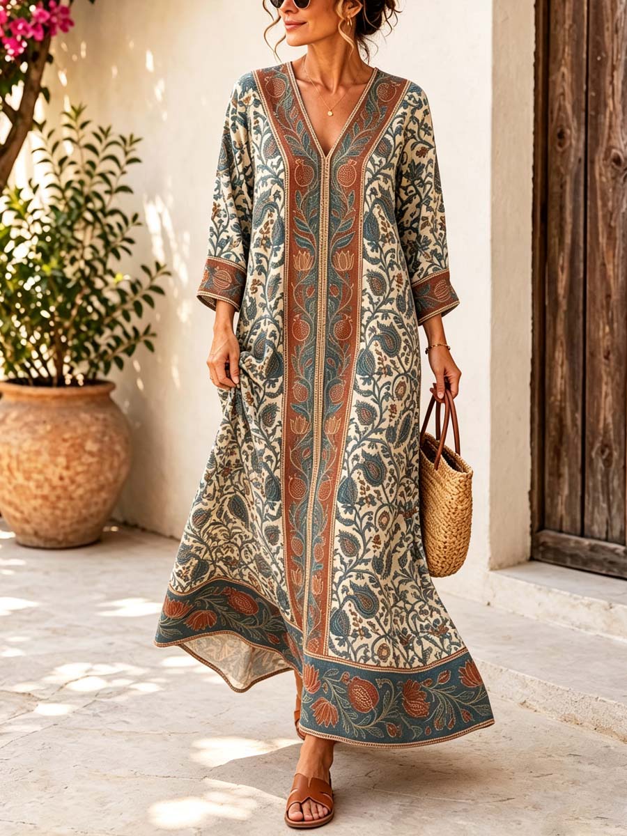 Retro Ethnic Floral Pattern Art Print Casual V-neck Cotton Linen Maxi Dress