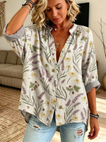 Retro Floral Bees Pattern Art Print Casual Long Sleeve Cotton Linen Shirt