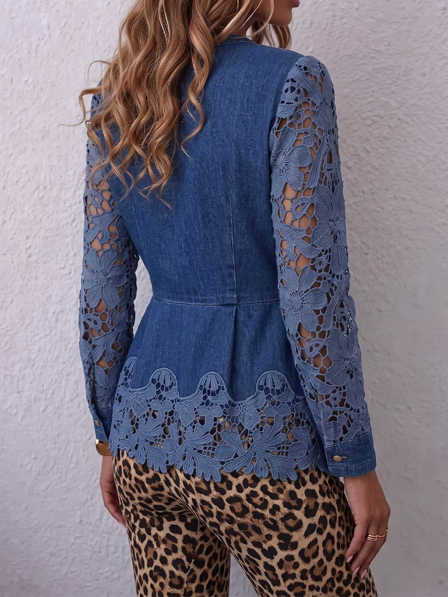 Vintage Elegant Denim Patchwork Hollowed Out Lace Shirt