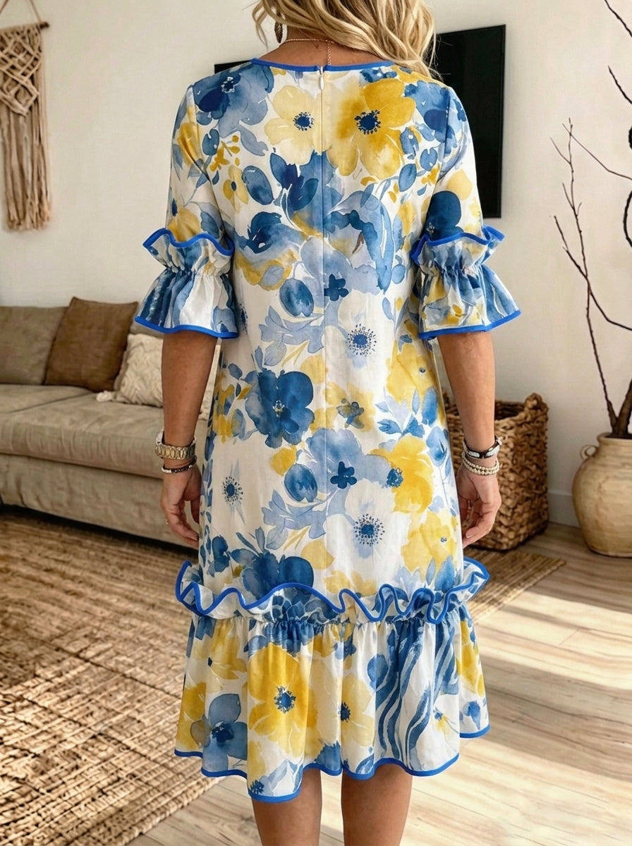 Women Watercolor Floral Midi Dress Ruffle Short Sleeve Crew Neck Loose Dress With Pockets
