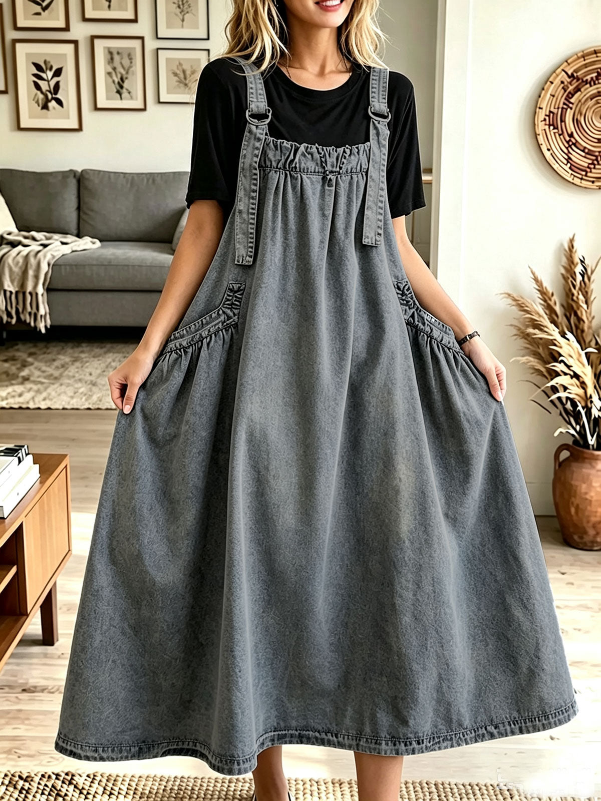 Women Loose Denim Pinafore Midi Dress With Adjustable Straps