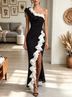 Women's One-Shoulder Cascade Ruffle Slit Evening Gown