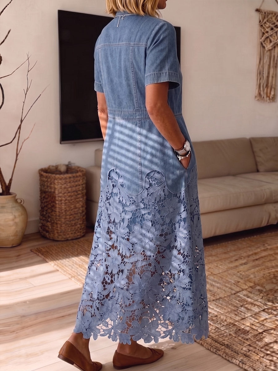 Vintage Elegant Hollowed Out Lace Patchwork Denim Dress
