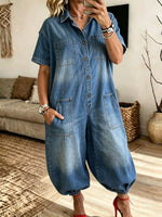 Women Denim Short Sleeve Jumpsuit Collared Button Front Loose Baggy Jumpsuit With Multi Pockets