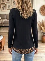 Women's Leopard Trim Henley Neck Ribbed Top