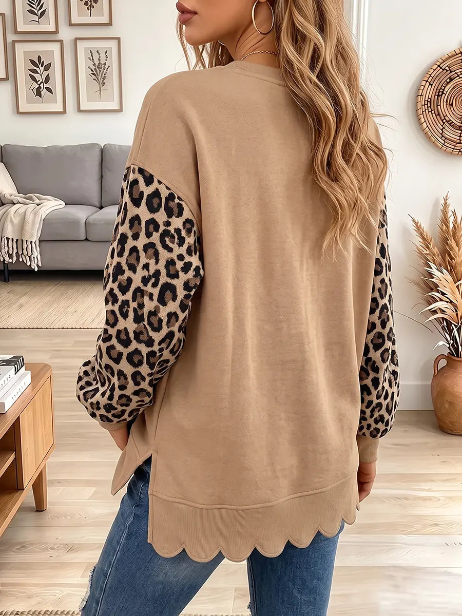 Vintage Elegant Leopard Wavy-edged Trim Sweatshirt