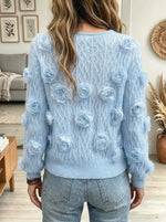 Women's 3D Rosette Embellished V-Neck Cable Knit Sweater