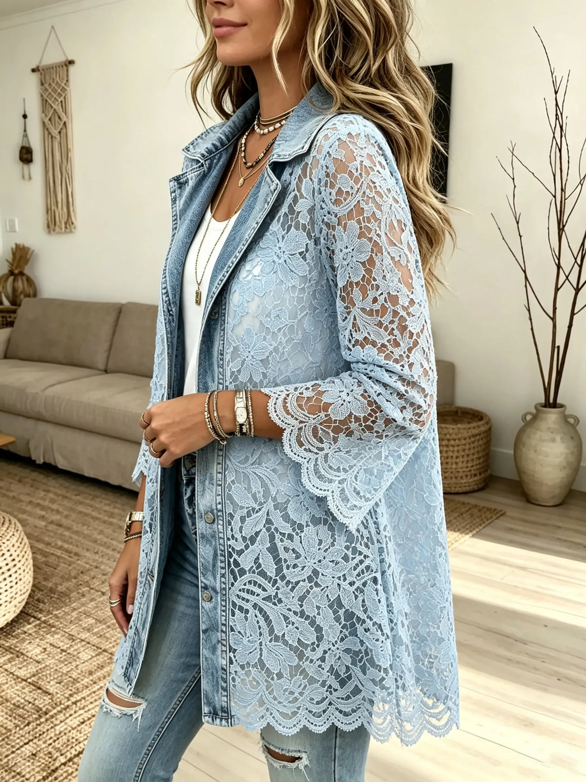 Women's Sheer Floral Lace Denim Cardigan Jacket