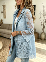 Women's Sheer Floral Lace Denim Cardigan Jacket