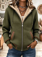 Women's Olive Green Quilted Fleece-Lined Zip-Up Hooded Jacket