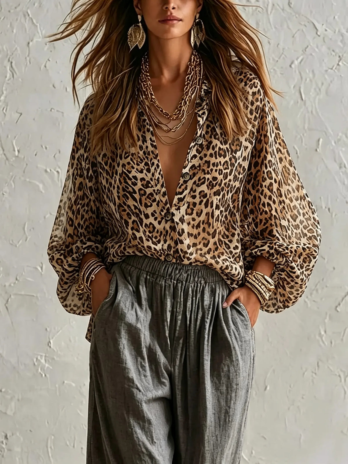 Women's Leopard Print Lightweight Long Sleeve Blouse