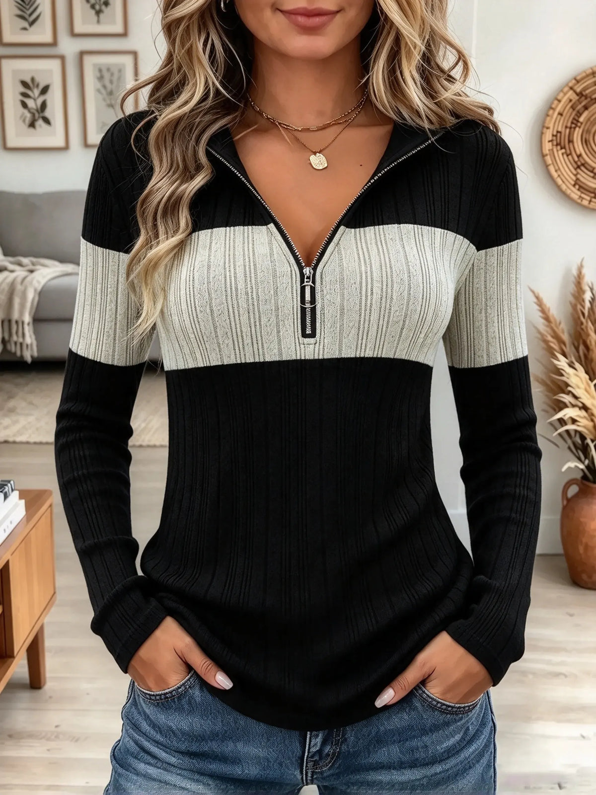Women's Colorblock Striped Half-Zip Ribbed Knit Top