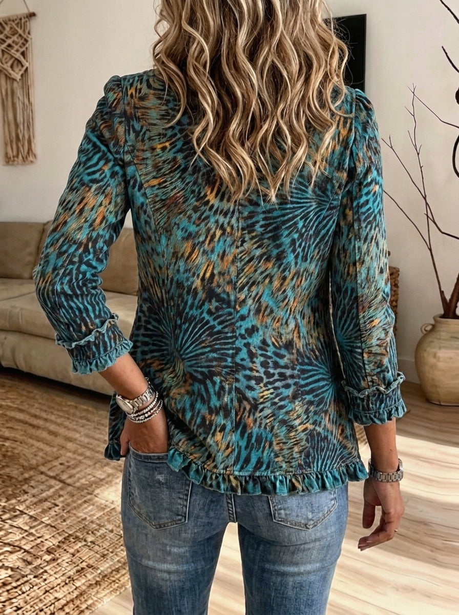 Women Leopard Print Ruffle Trim Lapel Button Outerwear Jacket