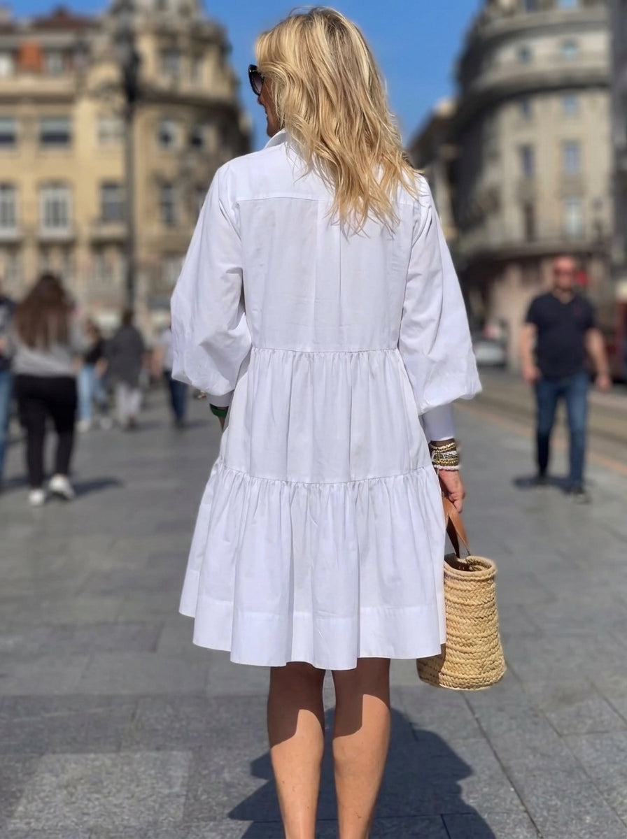 Women White Pleated Shirt Dress Balloon Sleeve Collared Loose Swing Mini Dress