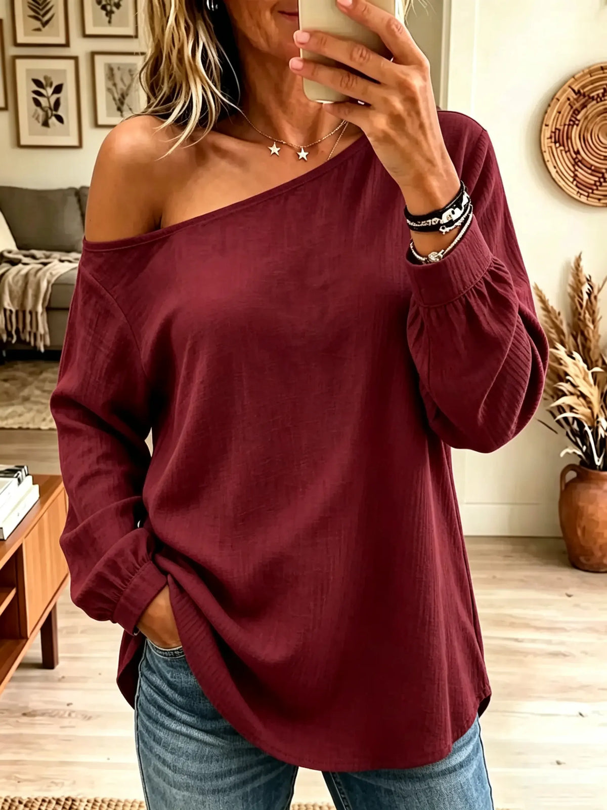 Women's Slouchy Off-the-Shoulder Textured Tunic Top