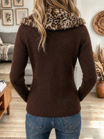 Women's Leopard Faux Fur Collar Cardigan