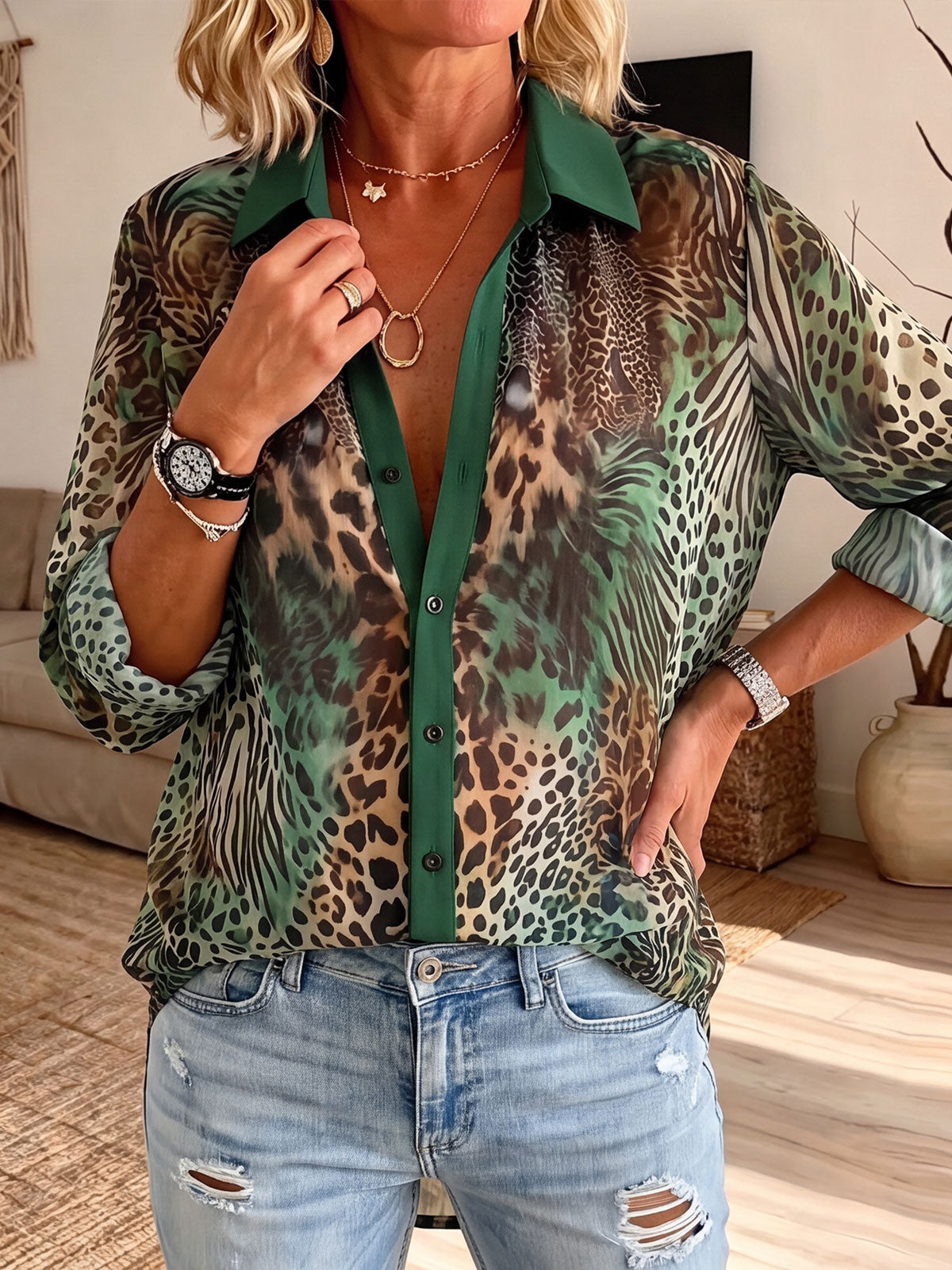 Women’s Contrast Trim Mixed Animal Print Loose Button Down Shirt
