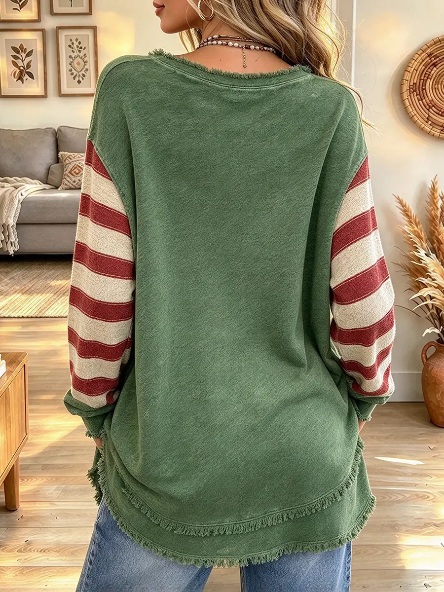 Women's Retro Christmas Print Frayed Edge Top
