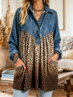 Women's Denim Yoke Leopard Tunic Top