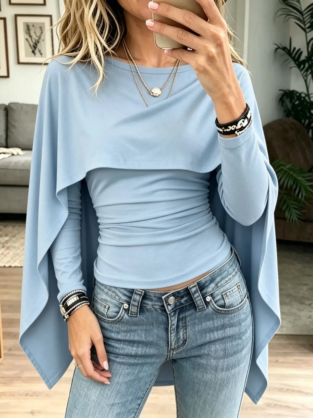 Women's Draped Overlay Long-Sleeve Knit Top
