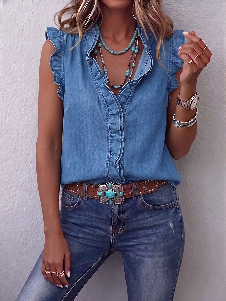 Vintage Elegant Denim Patchwork Ruffles Shirt