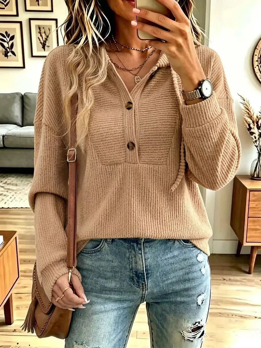Vintage Hooded Button Art Casual Stylish Long Sleeve Top