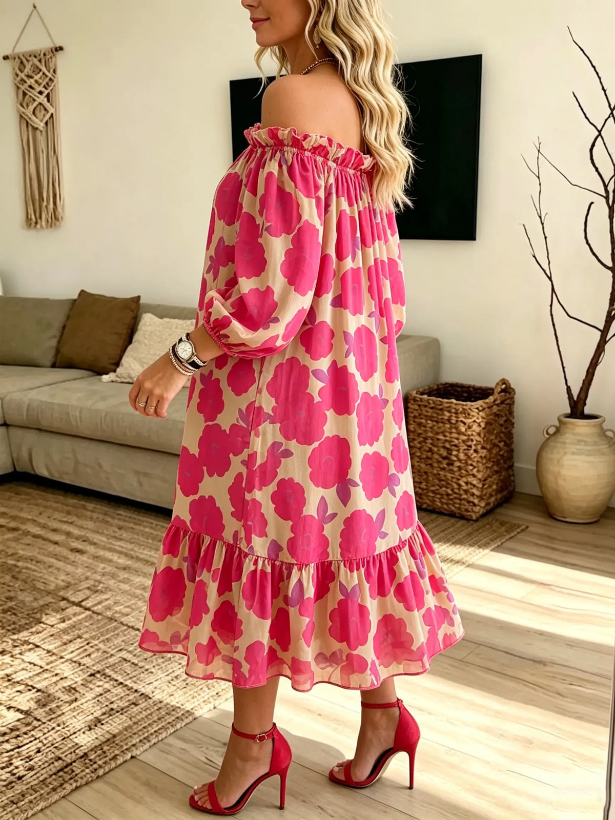 Women's Off-the-Shoulder Floral Printed Midi Dress