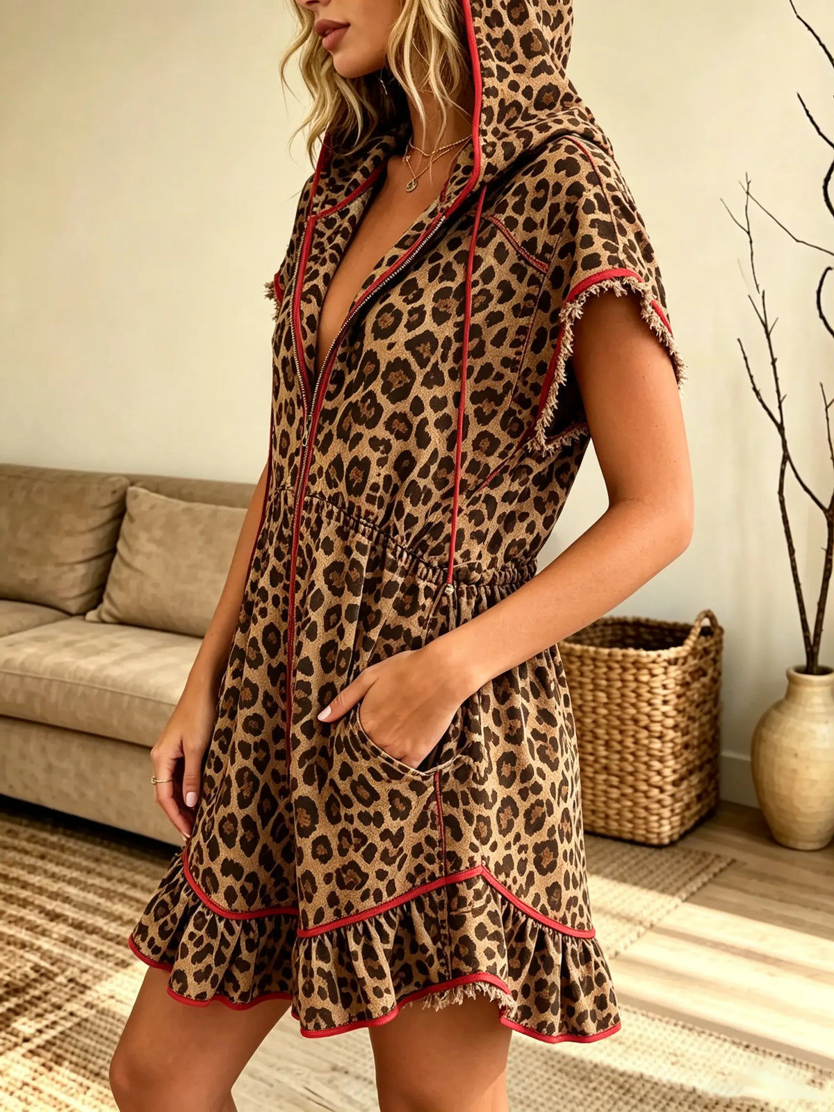 Women's Leopard Hooded Zip-Up Mini Dress