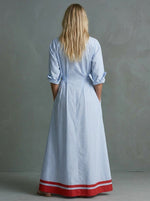 Women Striped Shirt Maxi Dress Collar Button Front Waist Cinched Contrast Red Hem Dress With Pockets