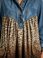 Women's Denim Yoke Leopard Tunic Top