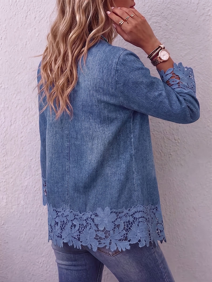 Vintage Elegant Hollowed Out Lace Patchwork Denim Ruffled Jacket