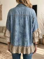 Women Washed Denim Shirt Jacket Leopard Ruffle Patchwork Batwing Short Sleeve Button Down Outerwear