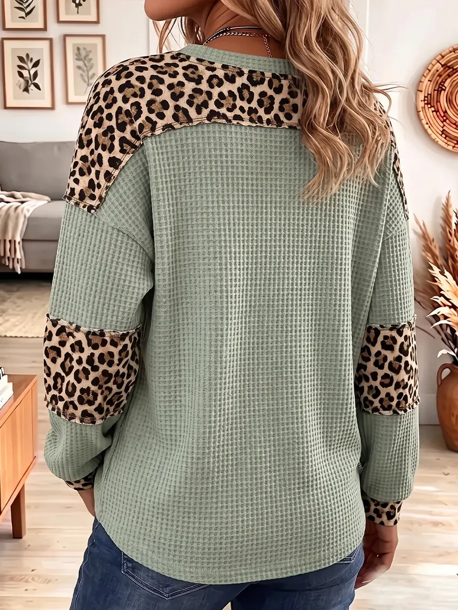 Vintage Elegant Waffle Knit Patchwork Leopard Shirt