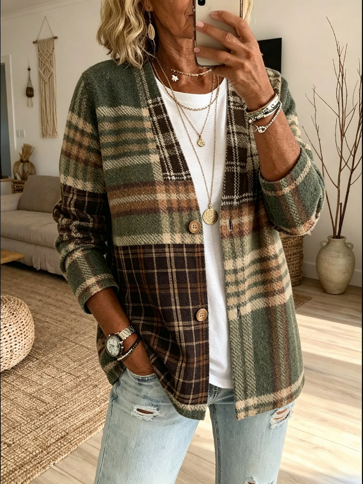 Women's Vintage Plaid V-Neck Long Sleeve Cardigan