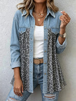 Women Denim Leopard Patchwork Shirt Jacket Frayed Collar Long Sleeve Button Down Casual Outerwear