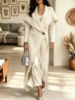 Women's Shawl Collar Fringe Trim Ribbed Knit Long Cardigan Coat