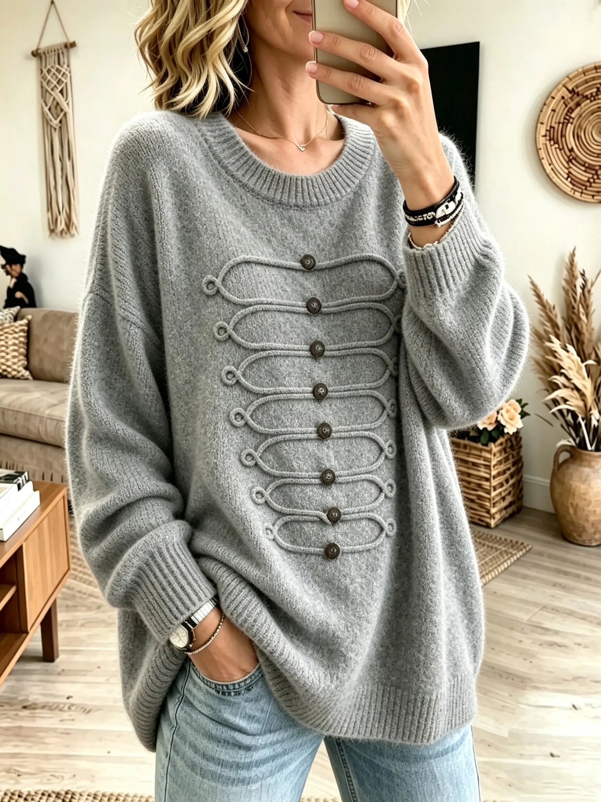Women's Military Braided Frogs Crewneck Sweater