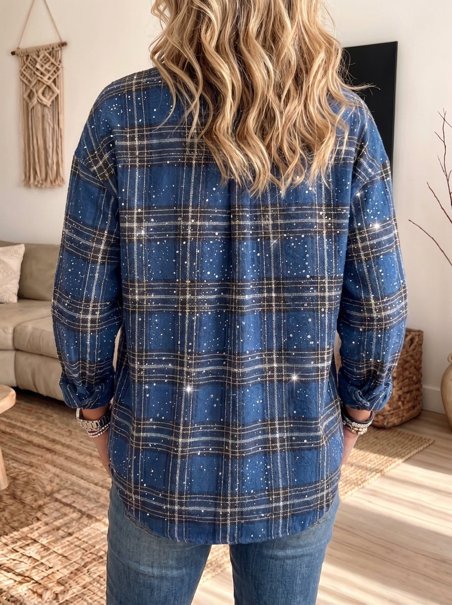Women Sparkle Rhinestone Plaid Shirt Collar Long Sleeve Button Down Oversized Blouse