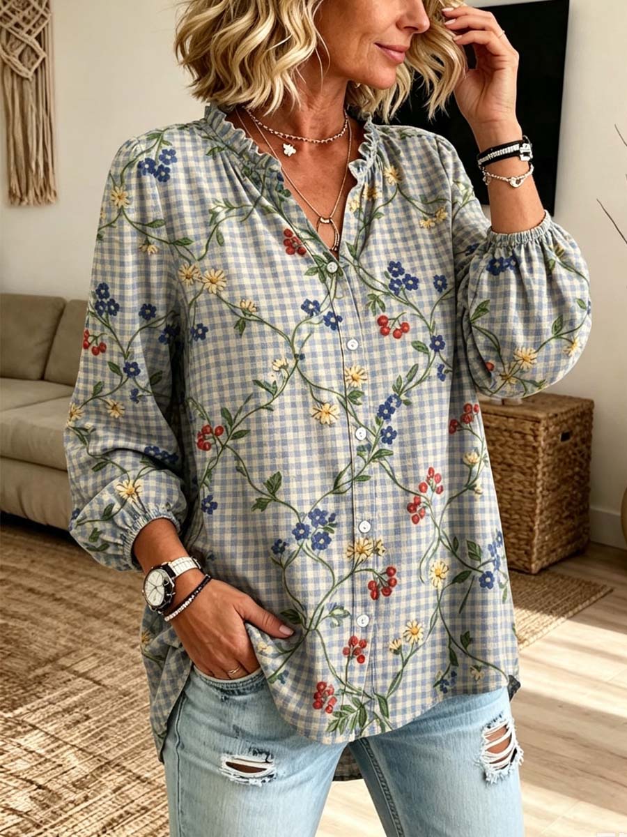Retro Floral Pattern Art Print Casual Long Sleeve Cotton Linen Shirt