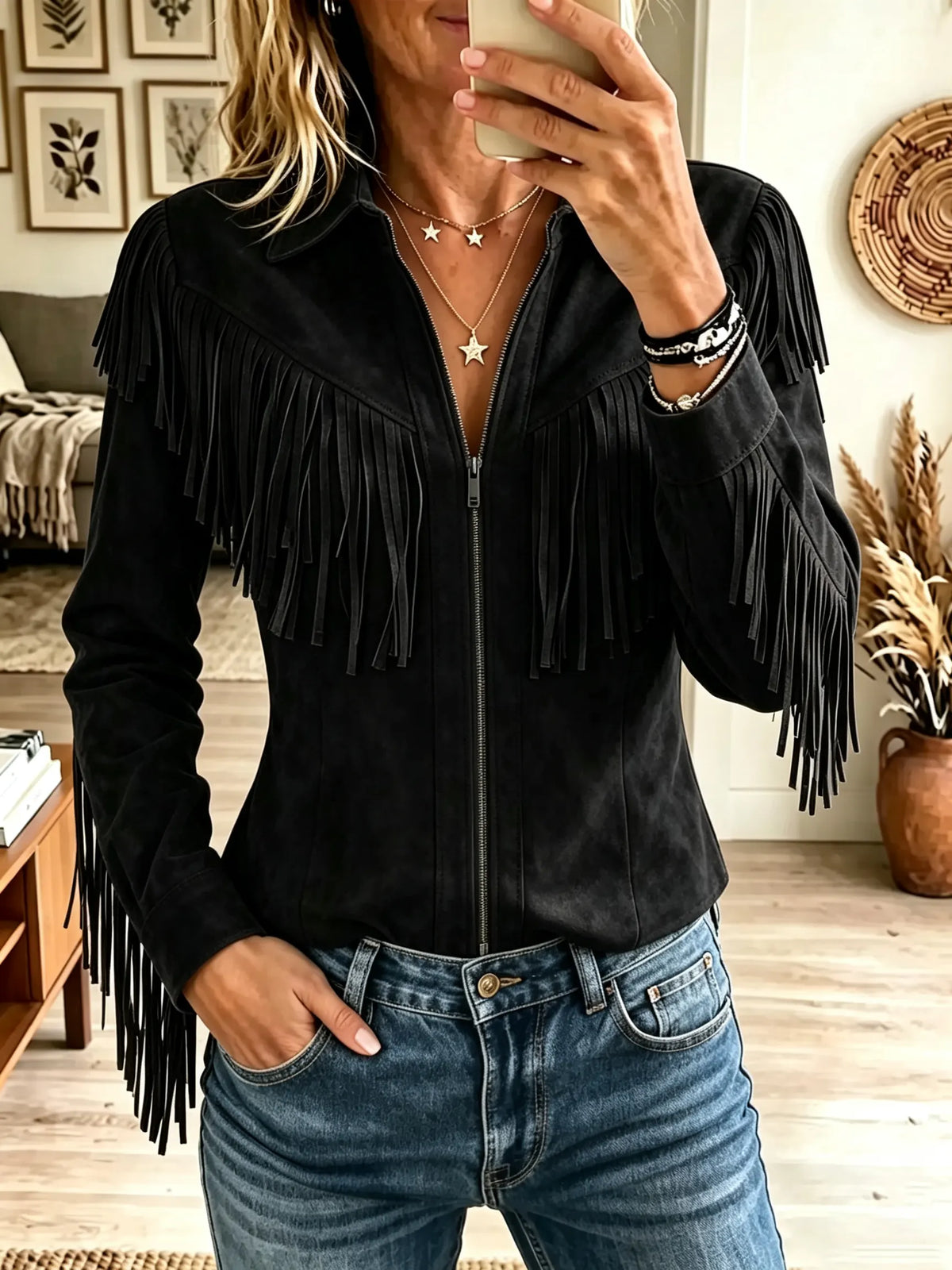 Women's Western Fringe Full-Zip Faux Suede Jacket
