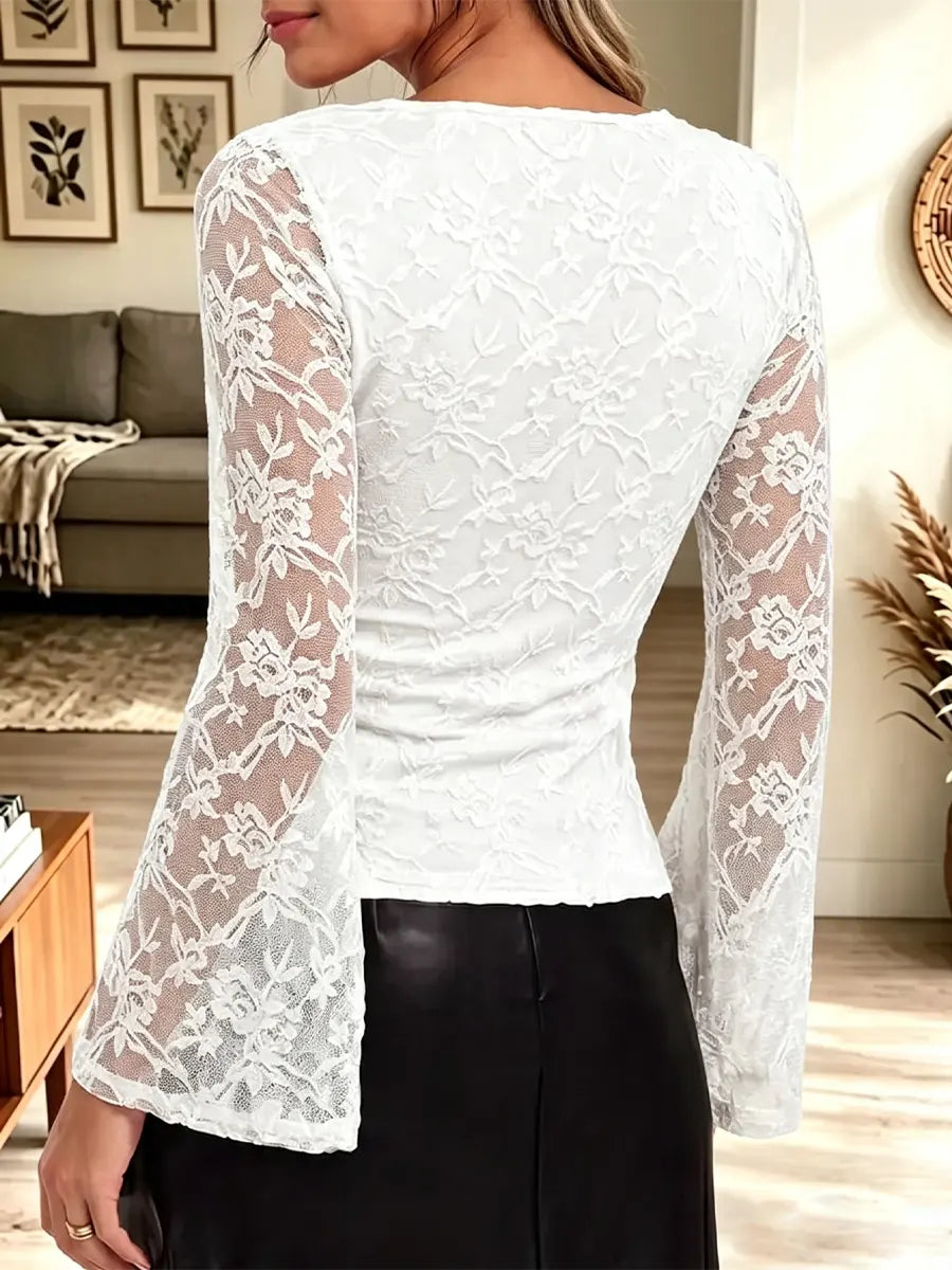Retro Elegant Solid Color Floral Lace Art Stylish Casual Long Sleeve Shirt