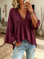 Women Ruffle V-Neck Flare Sleeve Loose Linen Blend Babydoll Blouse